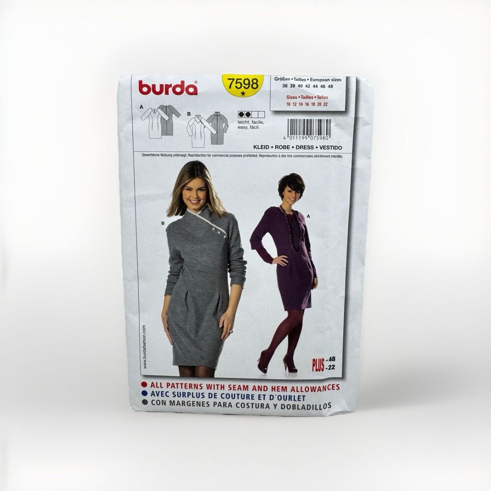 Burda Style Sewing Pattern 7598 Misses Dress Sizes 10 12 14 16 18 20 22